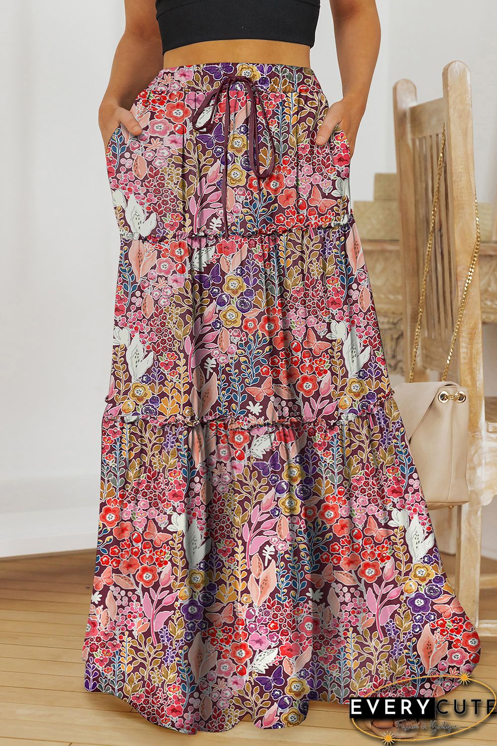 Multicolor Boho Floral Print High Waist Maxi Skirt