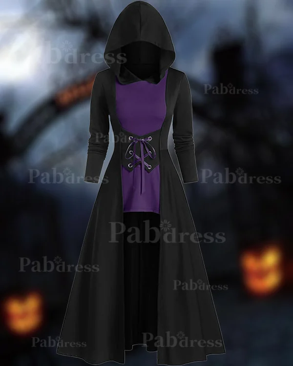 Halloween Midi Tie-Up Contrast Cape Long Sleeve Dress