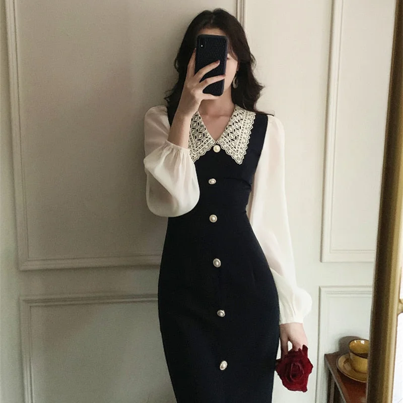 Women Fashion Chic Slim Puff Sleeve Single-breasted Split Dress Vintage Elegant Vestidos