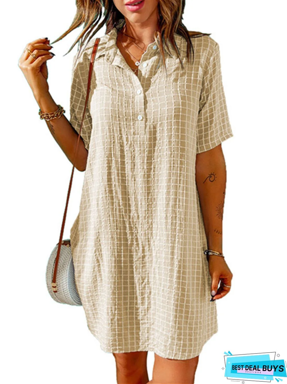 Women's Casual Shirt Short Skirt Lapel Plaid Loose Short Sleeve Dress White Dress