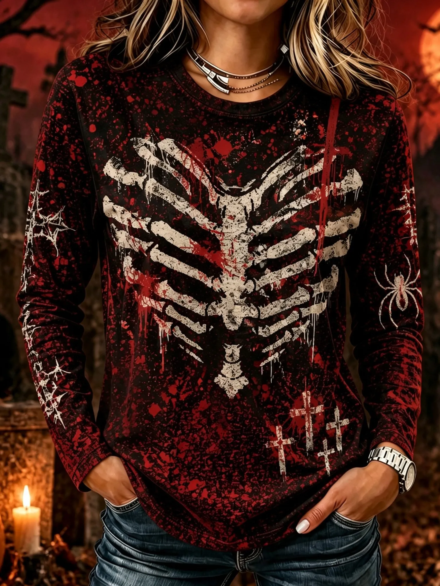 Comstylish Women's Retro Bloody Skeleton Print Long-sleeve T-shirt