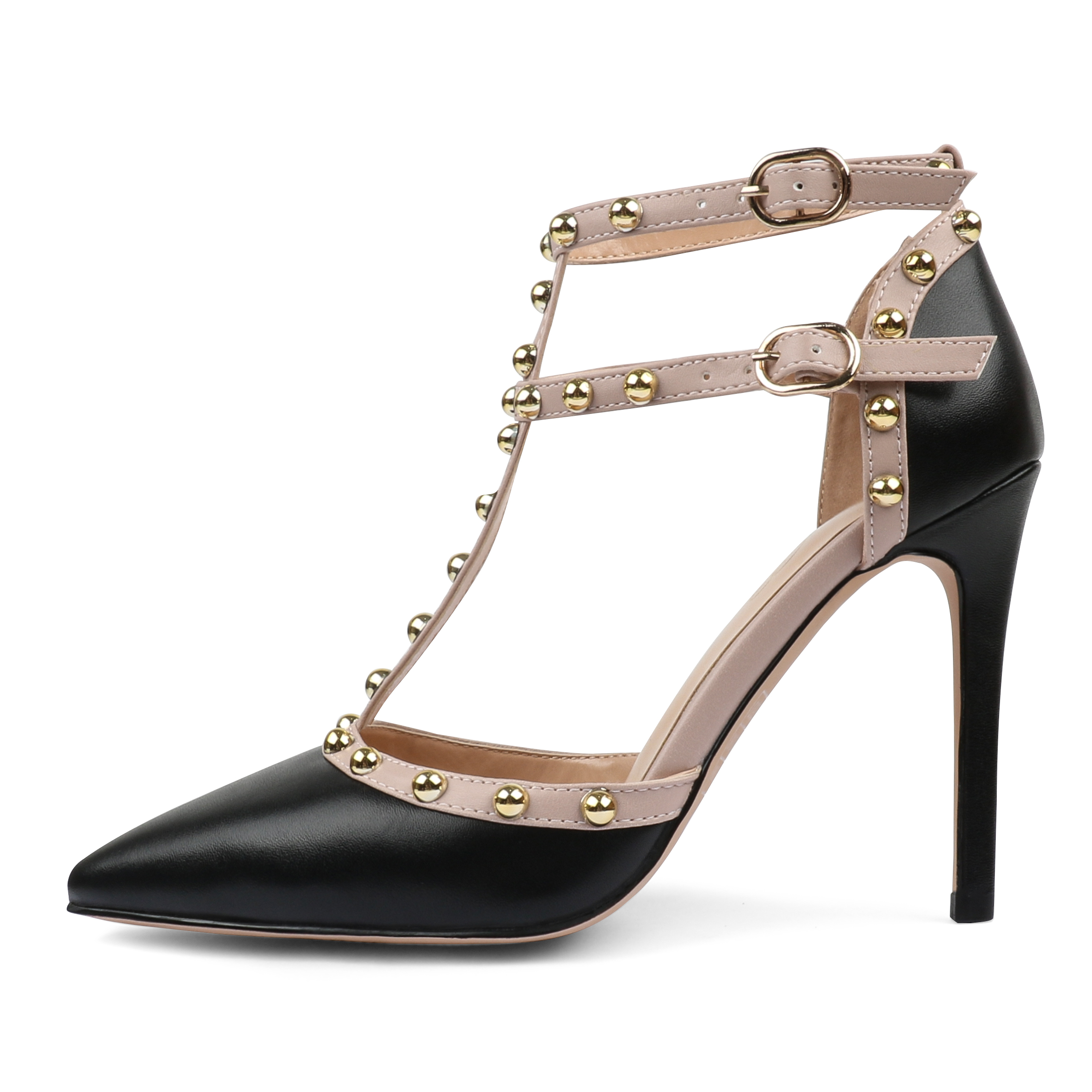 100mm Womens Pointed Toe Pumps Round Rivets Ankle Strap Sandals-MERUMOTE