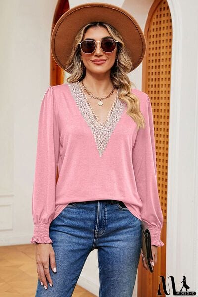 MidiSono - Lace Detail V-Neck Lantern Sleeve T-Shirt