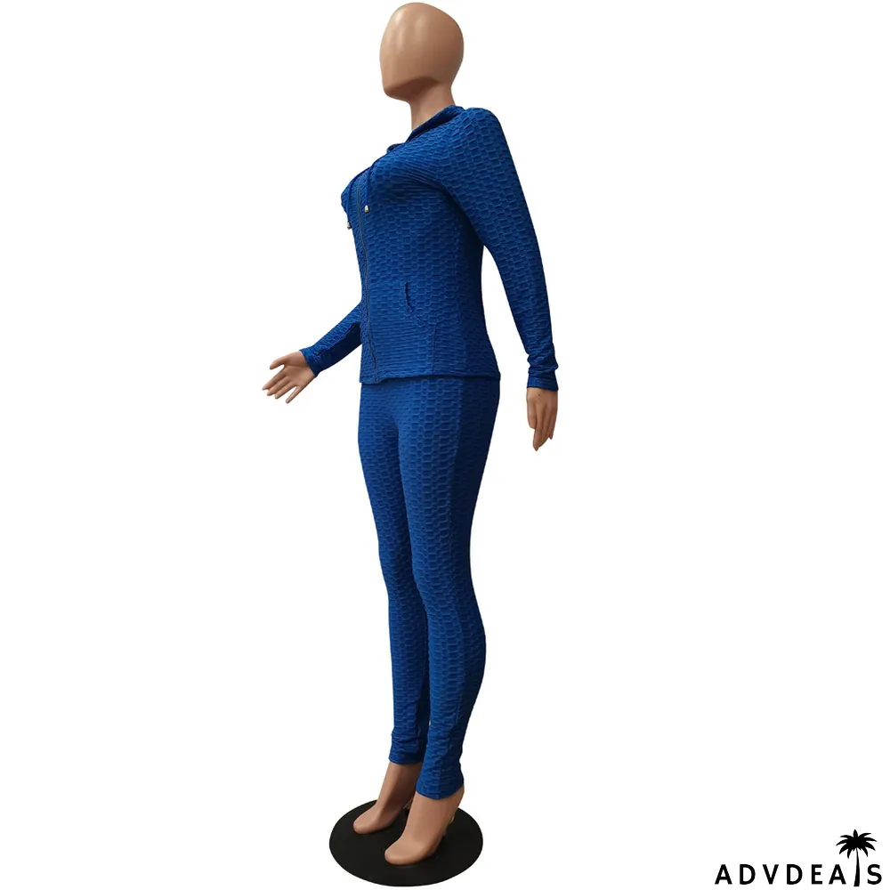 Solid Hooded Long Sleeve Zipper 2 Piece Pants Set