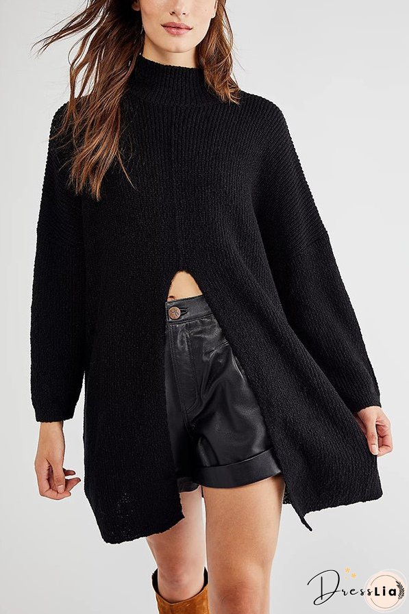 Solid Color Long Sleeve Slit Knitted Sweater