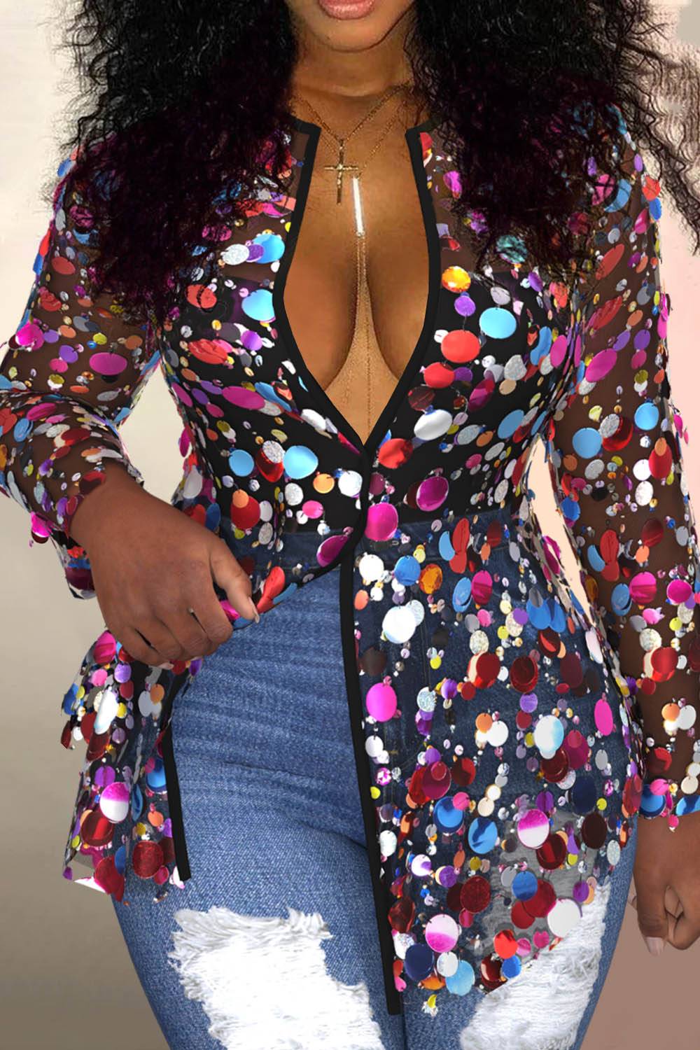 Plus Size Party Tops Multicolor Spring Summer V Neck Long Sleeve See Through Sequin Tops [Pre-Order]
