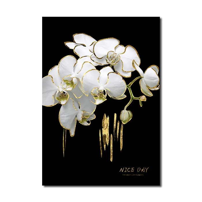 Black White Flowers Poster Gold Luxury Canvas Print Modern Home Decor Wall Art Painting Nordic Decoration Picture Living Room