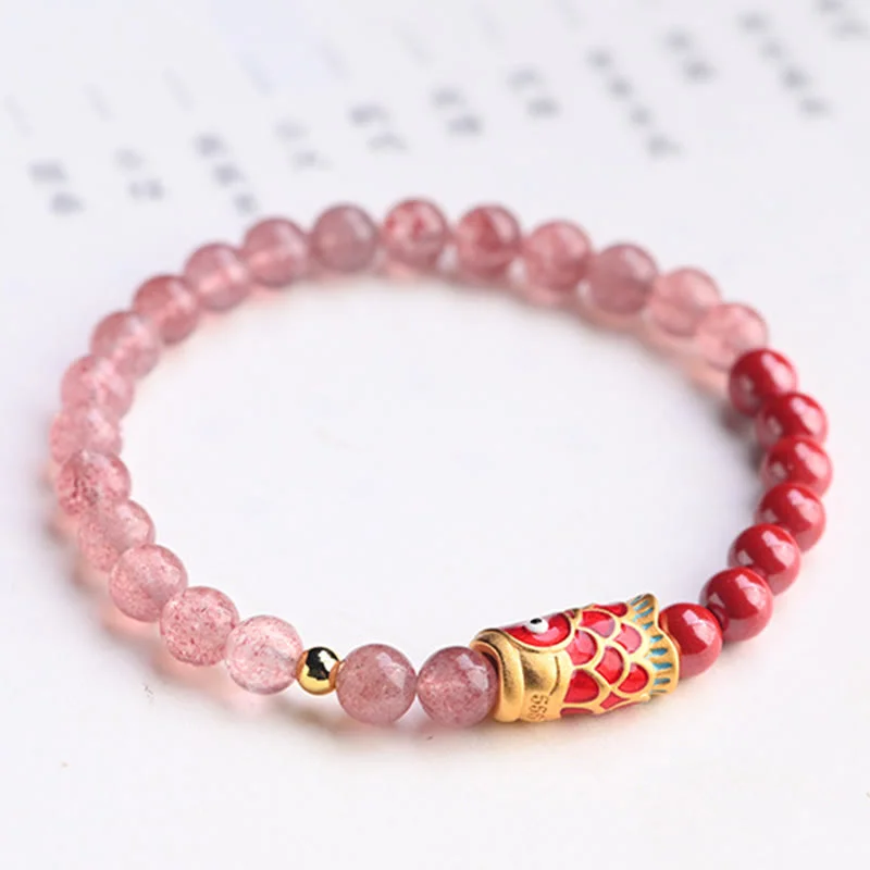 Cinnabar Strawberry Quartz Lucky Koi Fish Healing Bracelet