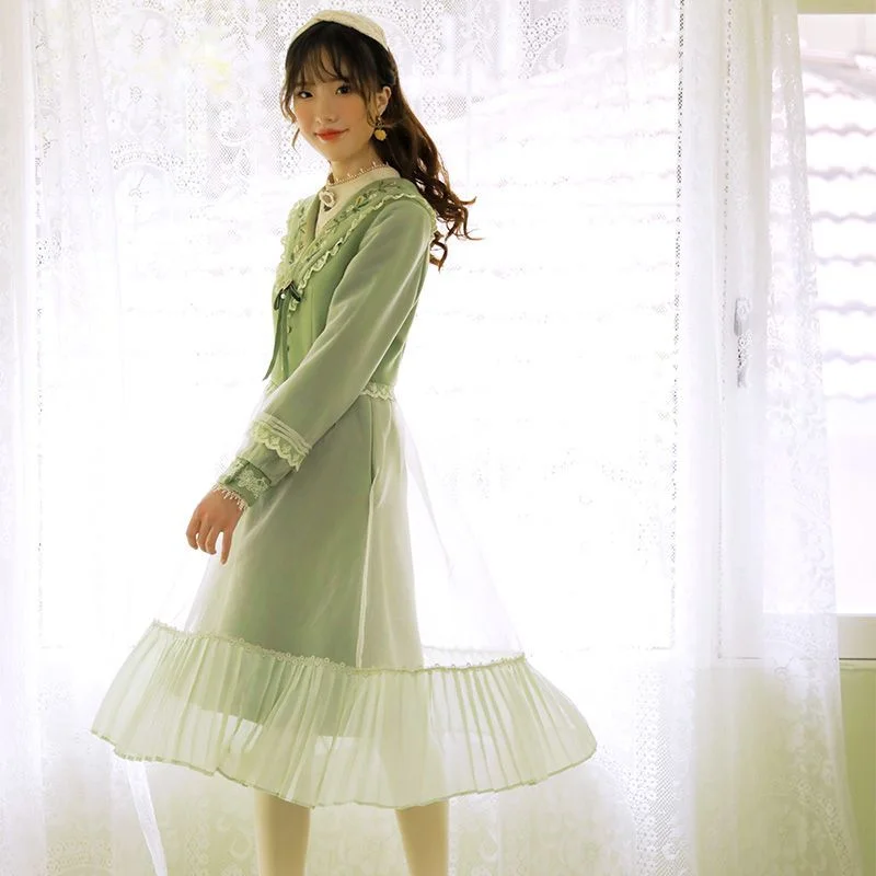 Cottagcore Long-Sleeve Flower Embroidered Lace Trim Midi A-Line Dress YP2340