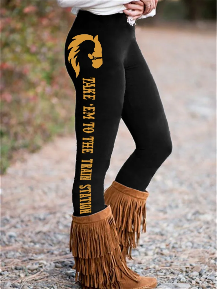 Comstylish Western Horse and Girl Print Casual Leggings