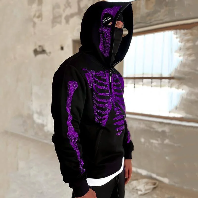 Skeleton Rhinestone Men's Oversized Zip Hoodie Long Sleeve Skull Sweatshirts-VESSFUL