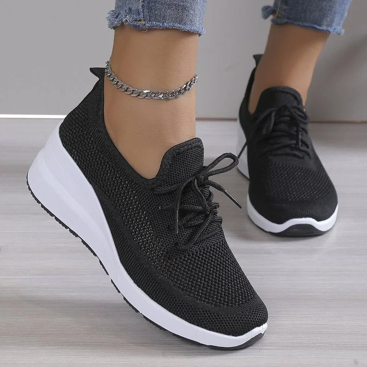 Women plus size clothing Casual Lace-up Decor Breathable Flyknit Wedge Heel Slip On Sneakers-Nordswear