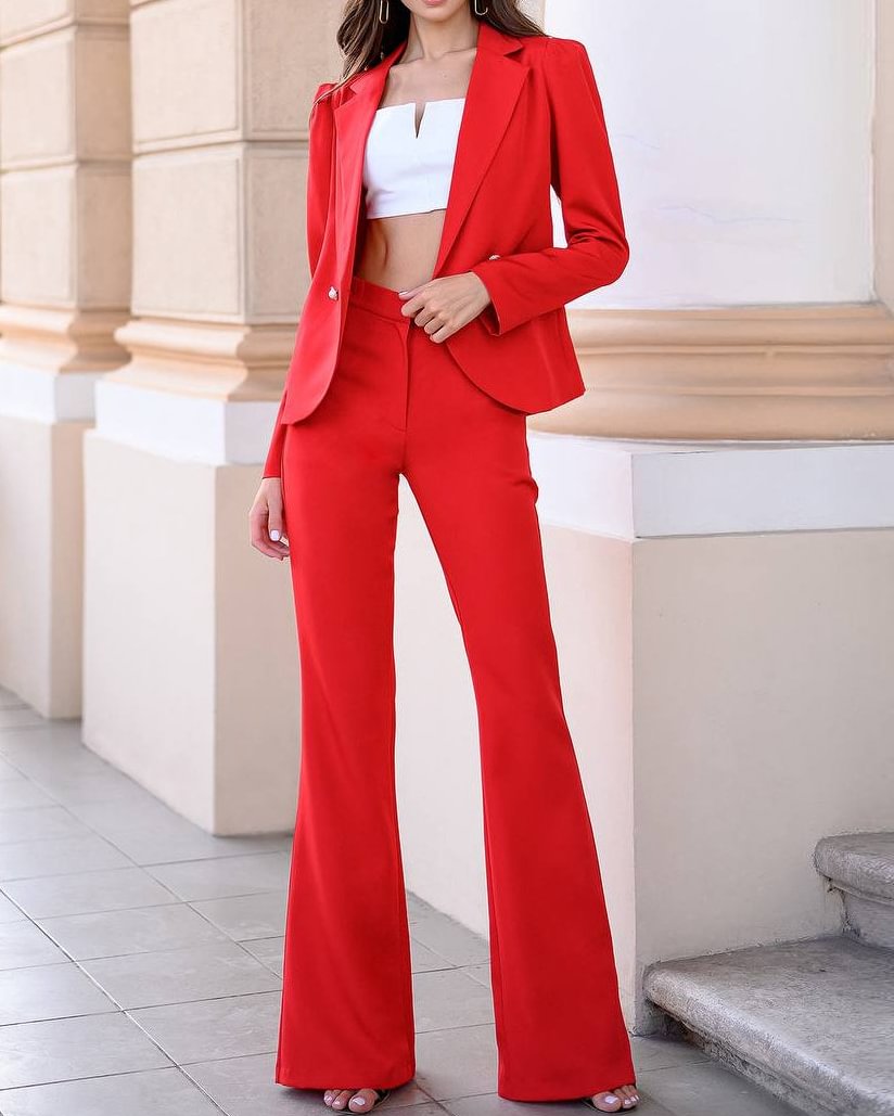 two-piece red lapel blazer wide-leg pants