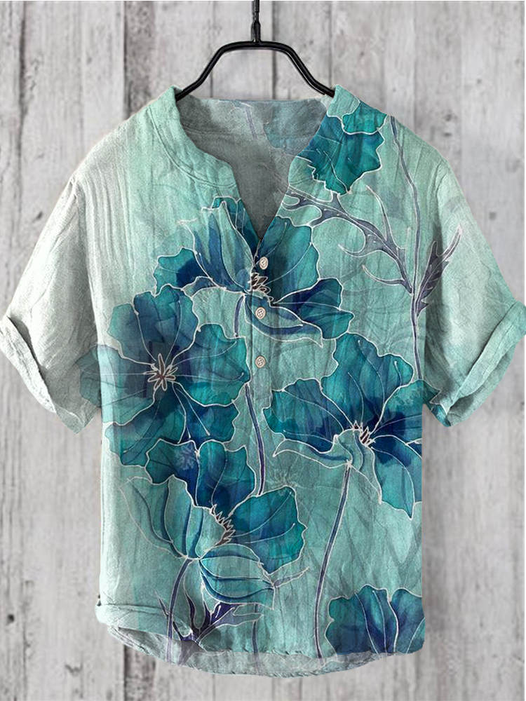 Comstylish Watercolor Lotus Leaf Art Linen V-Neck Shirt