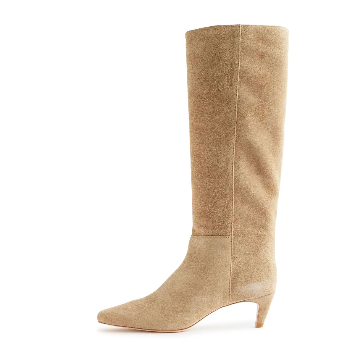 Vegan Suede Pull-On Square Toe Knee-High Kitten Heel Boots in Khaki Nicepairs