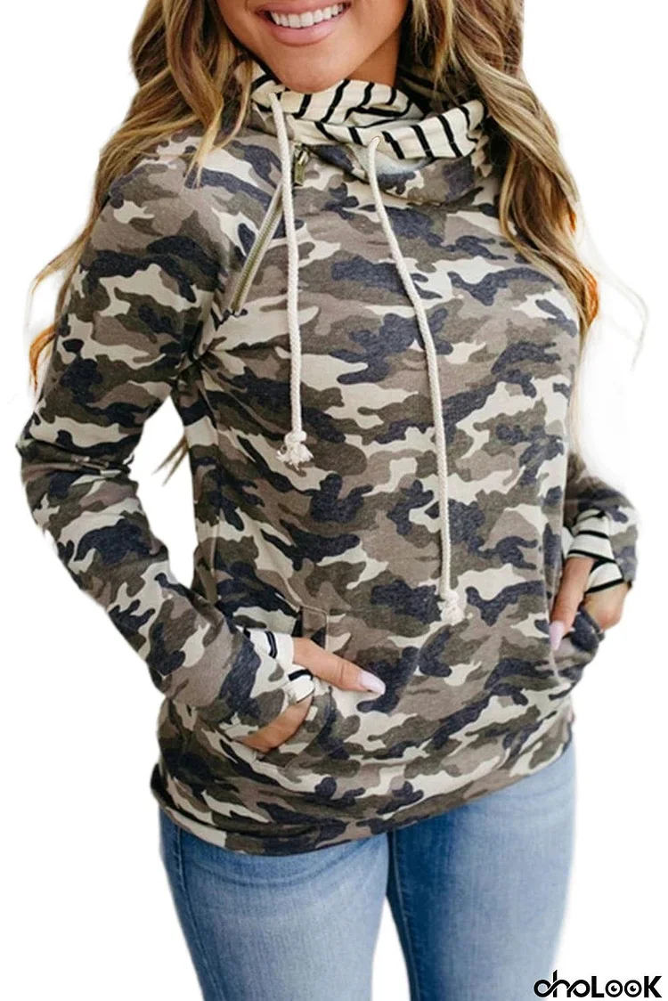 Camouflage Zipper Collar Striped Doublehood Sweatshirt