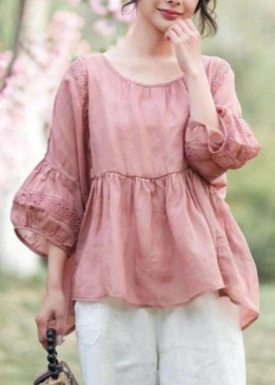 Pink Patchwork Linen Top Embroideried Hollow Out O Neck Summer