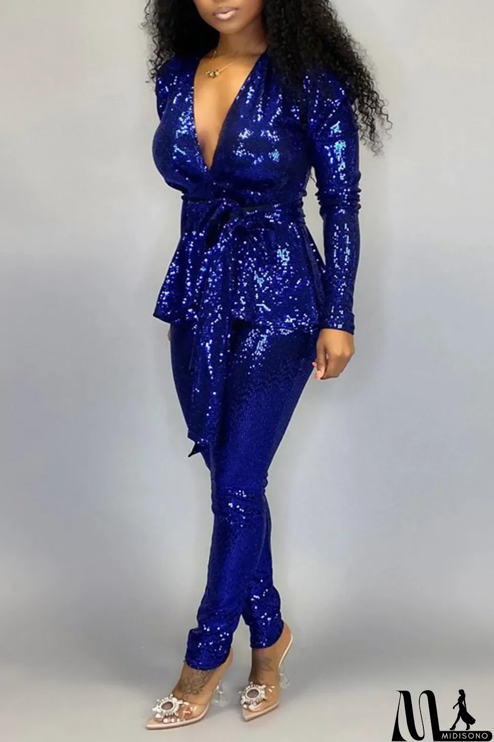 MidiSono - Black Fashion Slim Long-Sleeve V-Neck Two-Piece Set