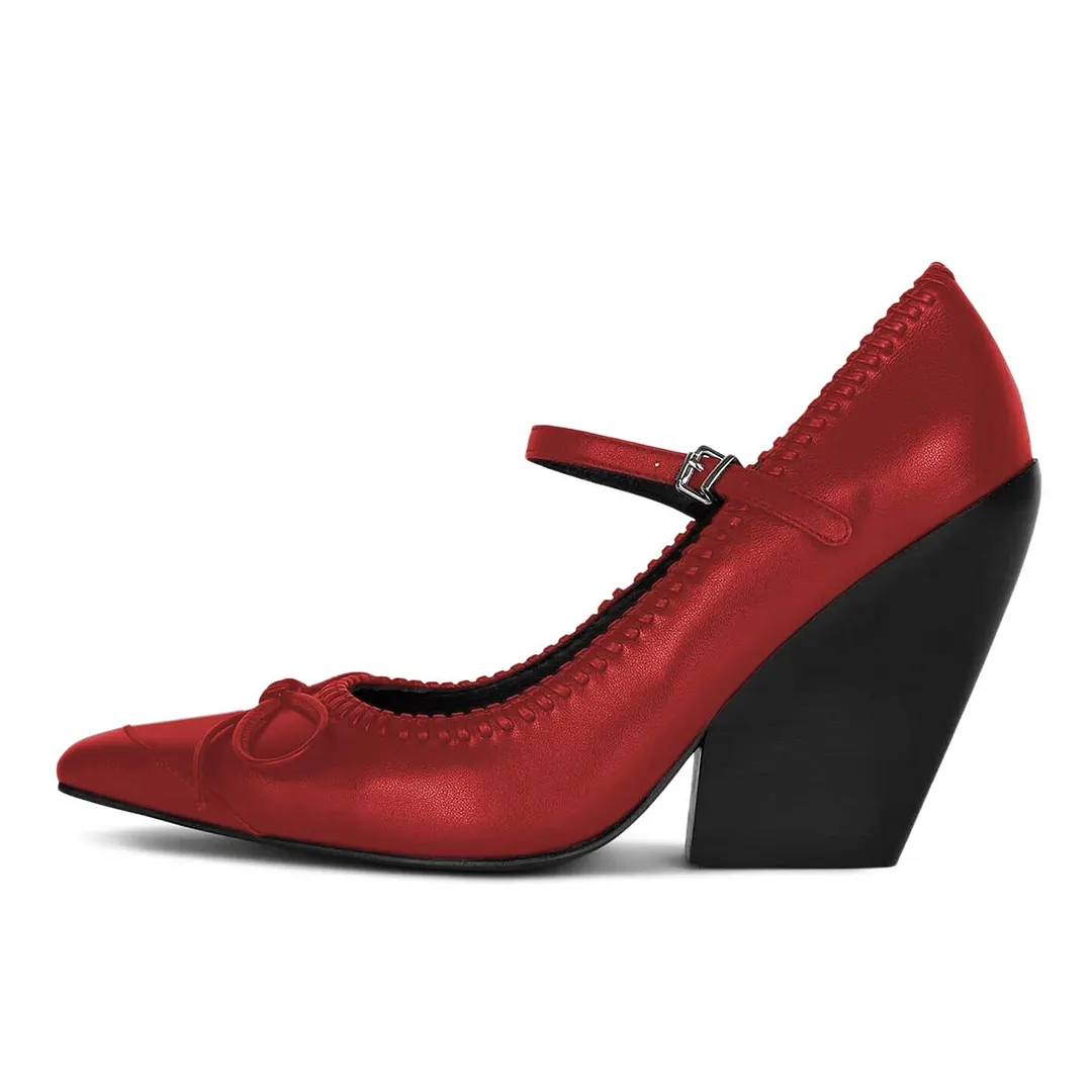 YDN Red Vegan Leather Bow Square Toe Chunky Heeled Mary Janes