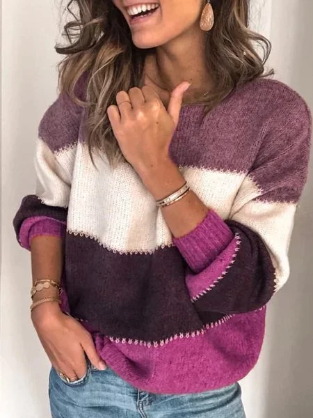 Plus Size Long Sleeve Casual Stripes Sweater