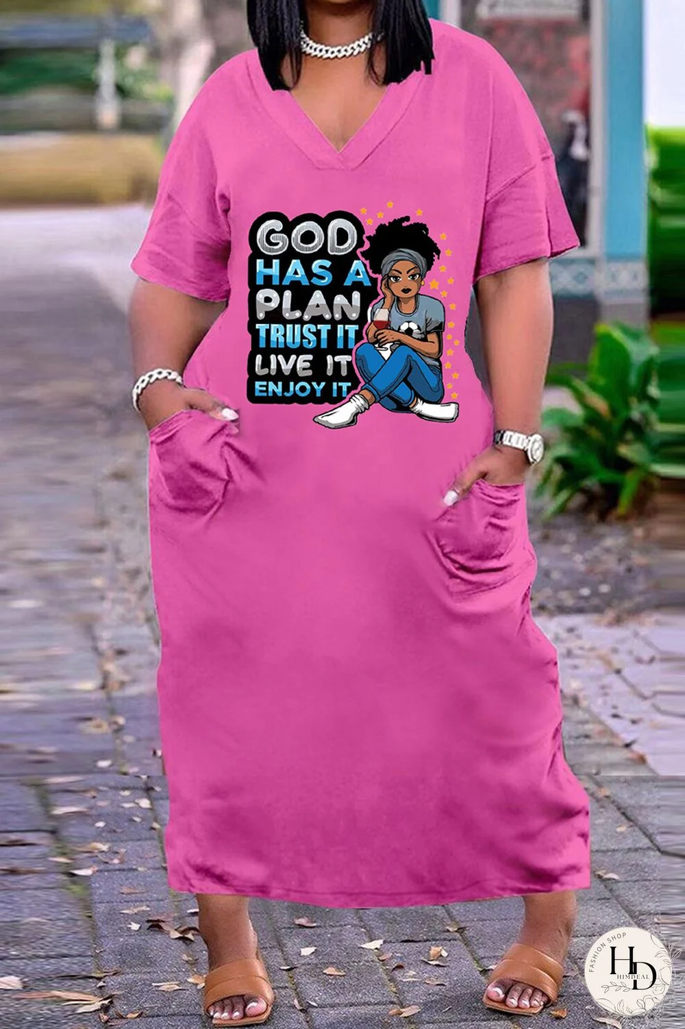 Rose Brown Fashion Casual Plus Size Print Basic V Neck Short Sleeve Dress