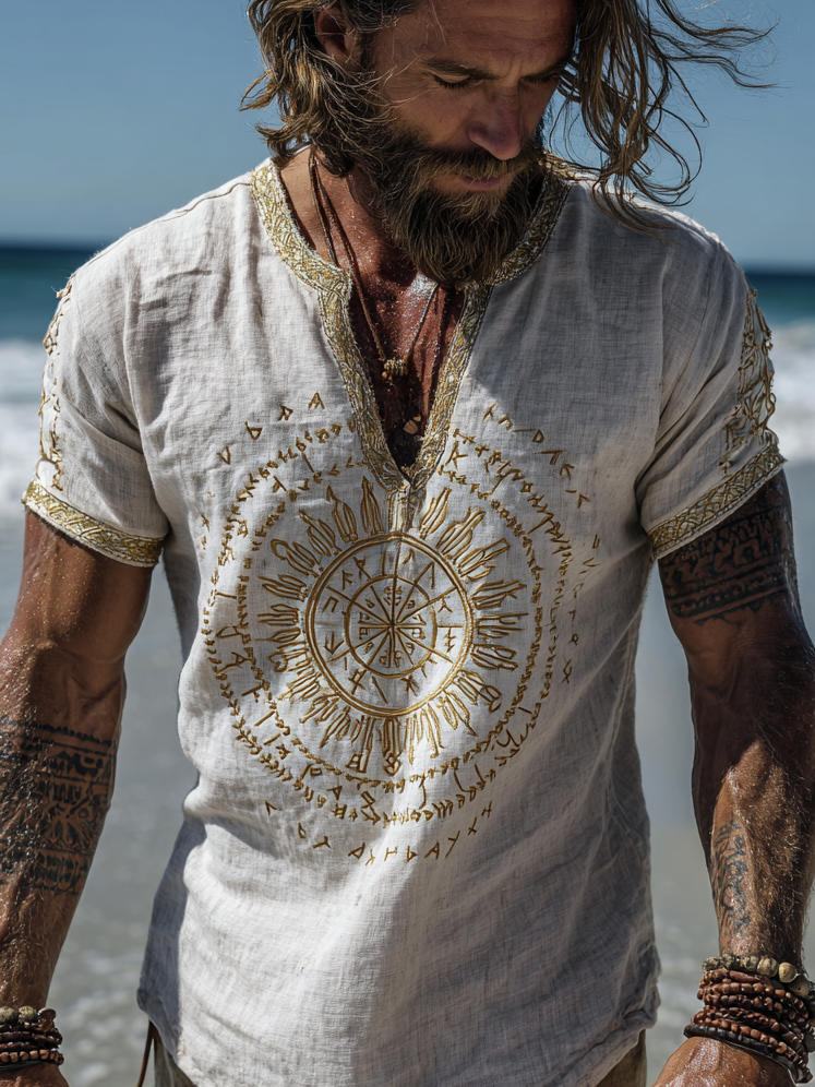 Men's Viking Compass Celtic Knot V-Neck Short Sleeve Linen T-Shirt / Rvogue / Rvogue
