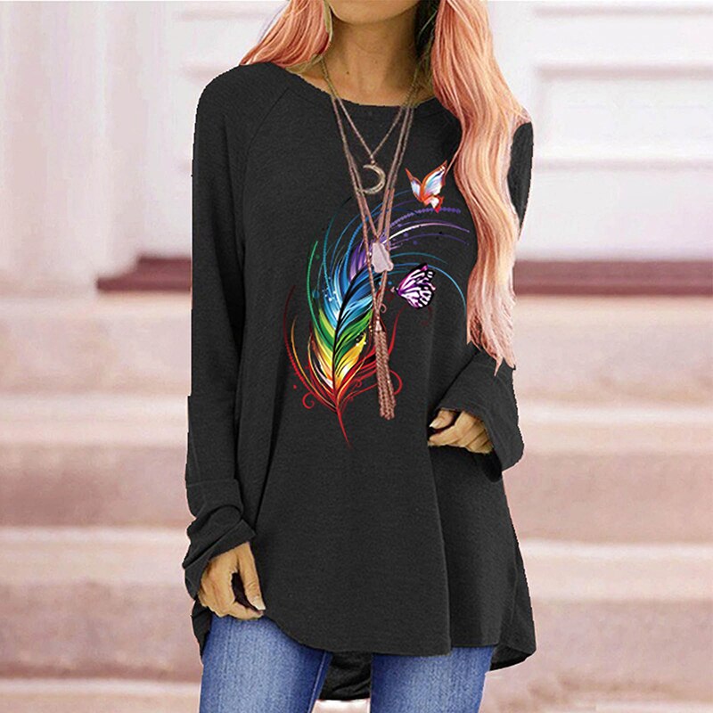 Women's Autumn/Winter Pattern Collar Feather Print Casual Top Loose Round Neck Fashion Sweater Long Sleeve T-shirt