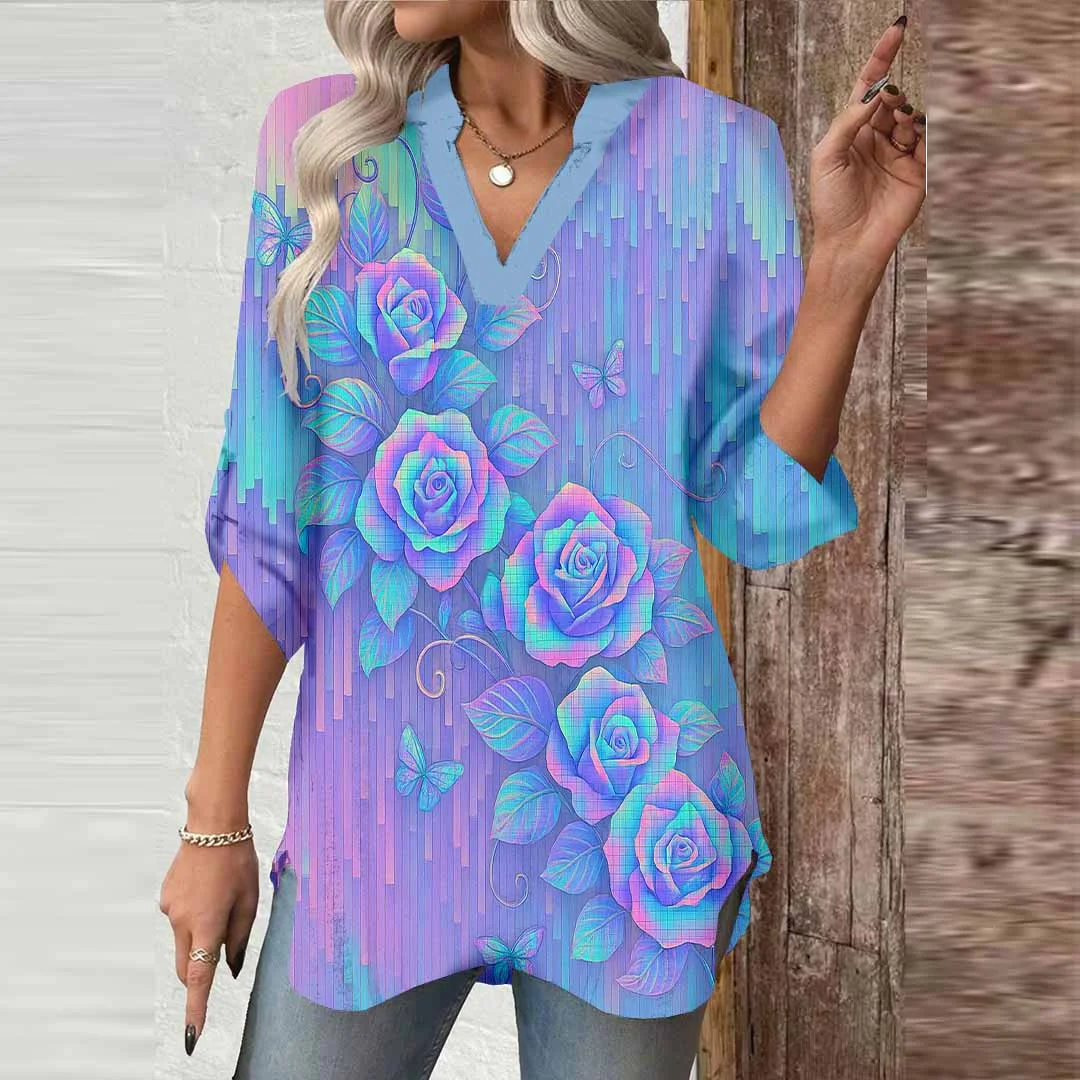 Women Shiny,Floral,Stripes DZGA0788 3/4 Sleeve V-neck Printed Graphic Button Tops