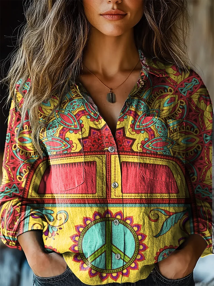 Women's Hippie Car Art Print Casual Long Sleeve Comfortable Cotton Shirt