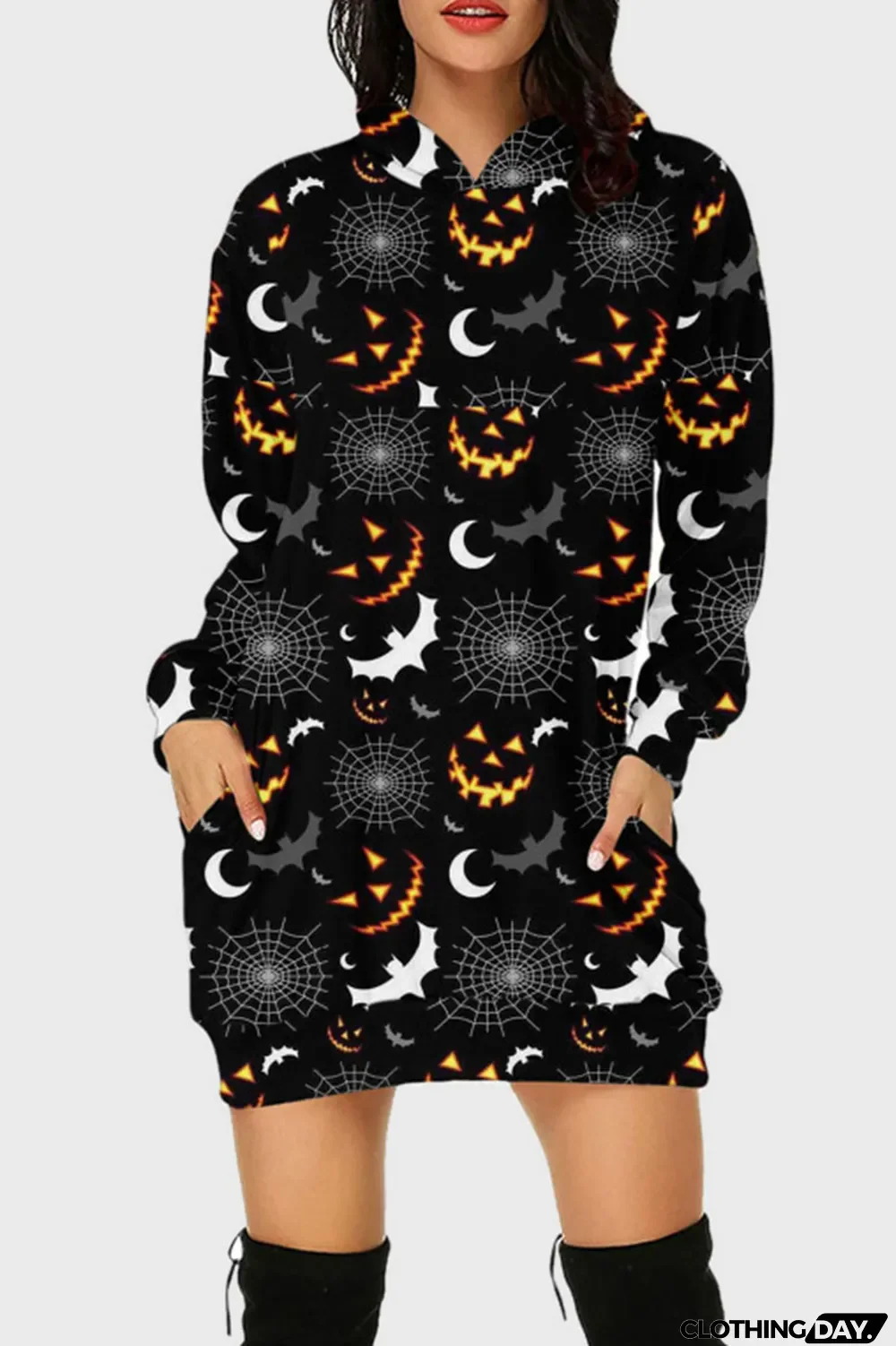 Black Street Print Split Joint Hooded Collar Long Sleeve Dresses