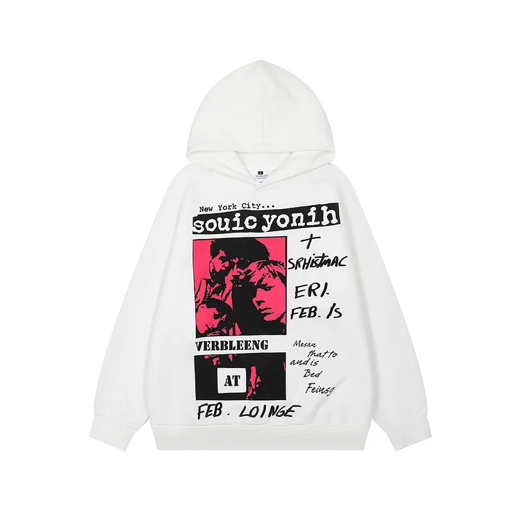 Retro Washed Rock Character Print Hooded Sweatshirt High Street Hip Hop Pullover at Hiphopee