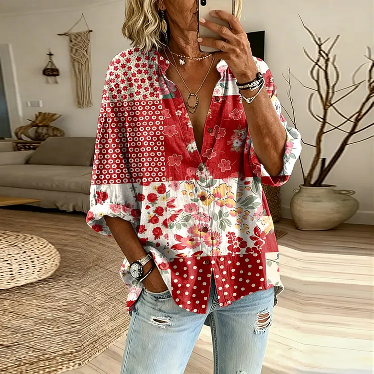 Women's Vintage Floral Patchwork Long-sleeve Button-up Shirt