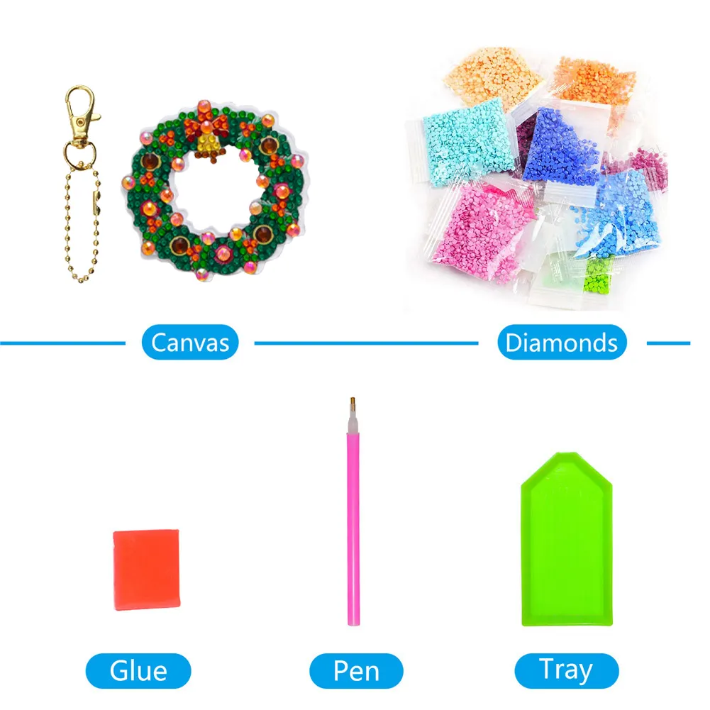 5pcs Diamonds Painting Keychain Christmas Tree Crafts DIY Key Ring Decor(Double Side)