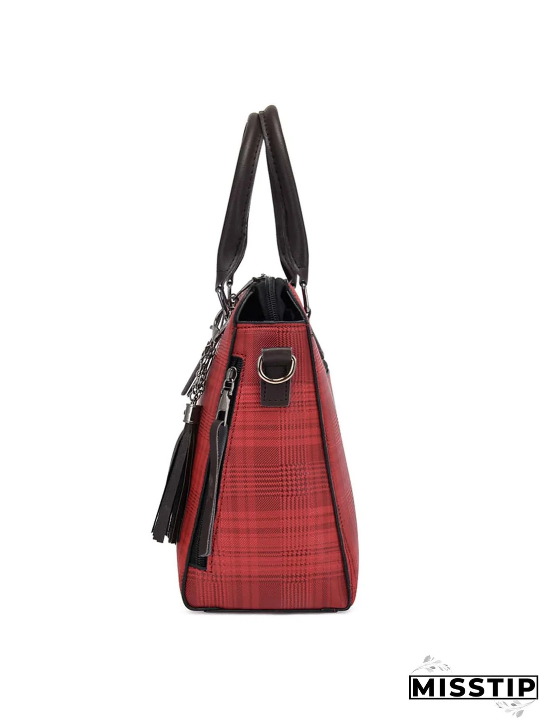 4pcs Colorblock Plaid Tassel Decor Tote Bag Set