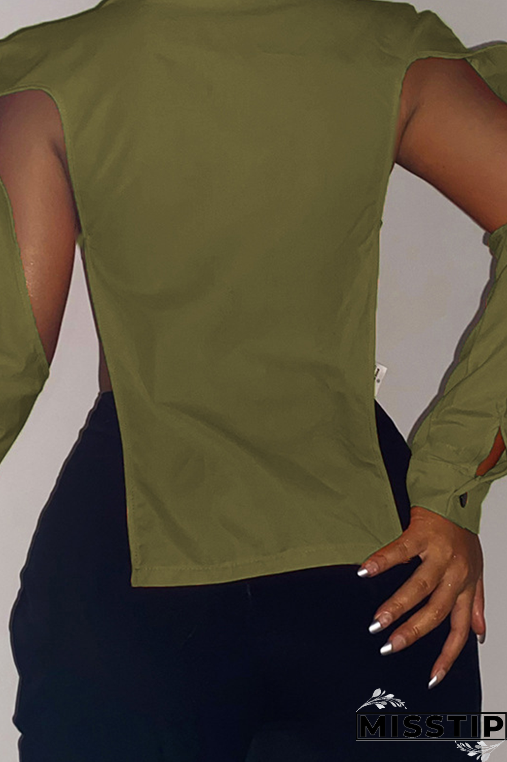 Grey Sexy Solid Hollowed Out Turndown Collar Tops