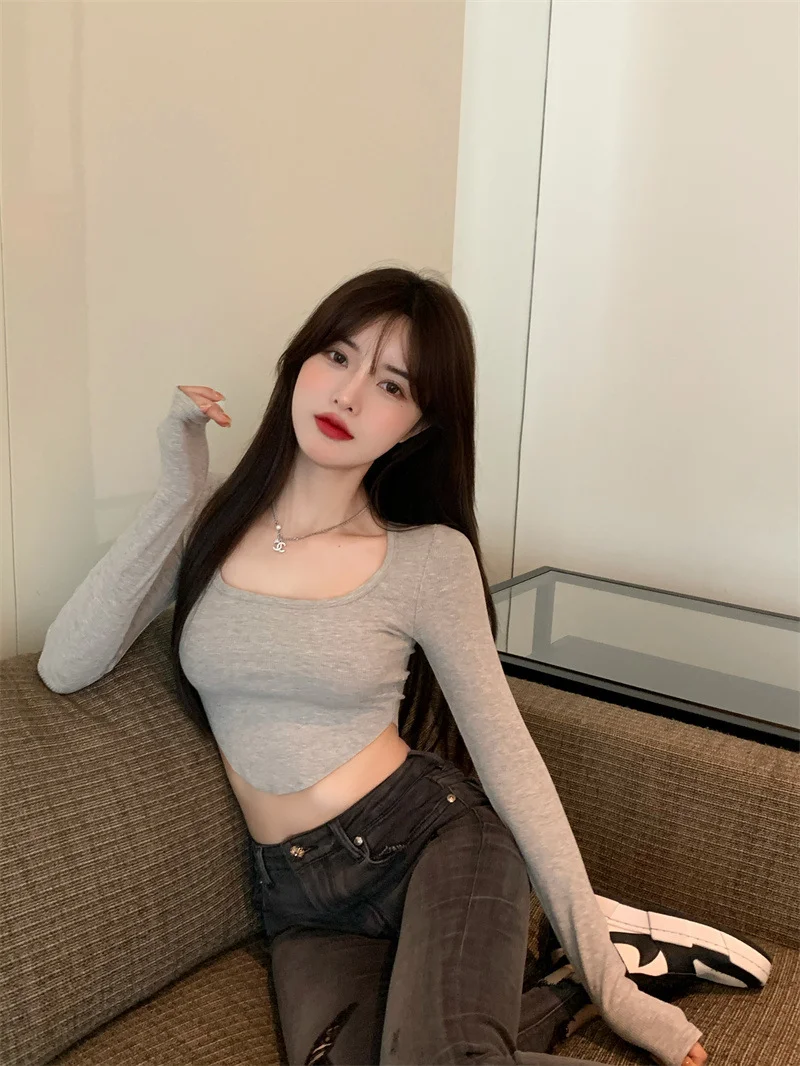 Uveng Uveng And Spicy Pure Desire Wind T-Shirt Slim Long Sleeve Design Sense Bottom Shirt Crop Hot Girl Short Student Jacket Female Early Autumn