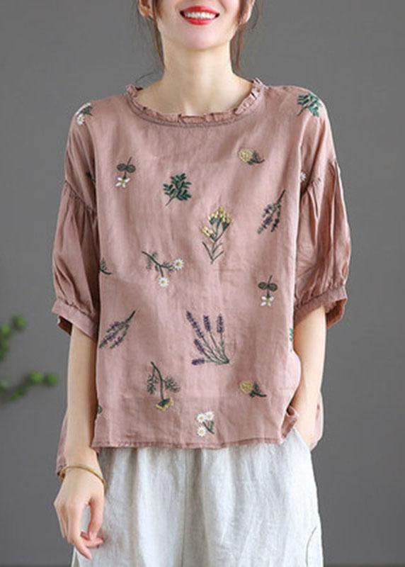Modern Pink Regular Embroideried Summer Floral Half Sleeve