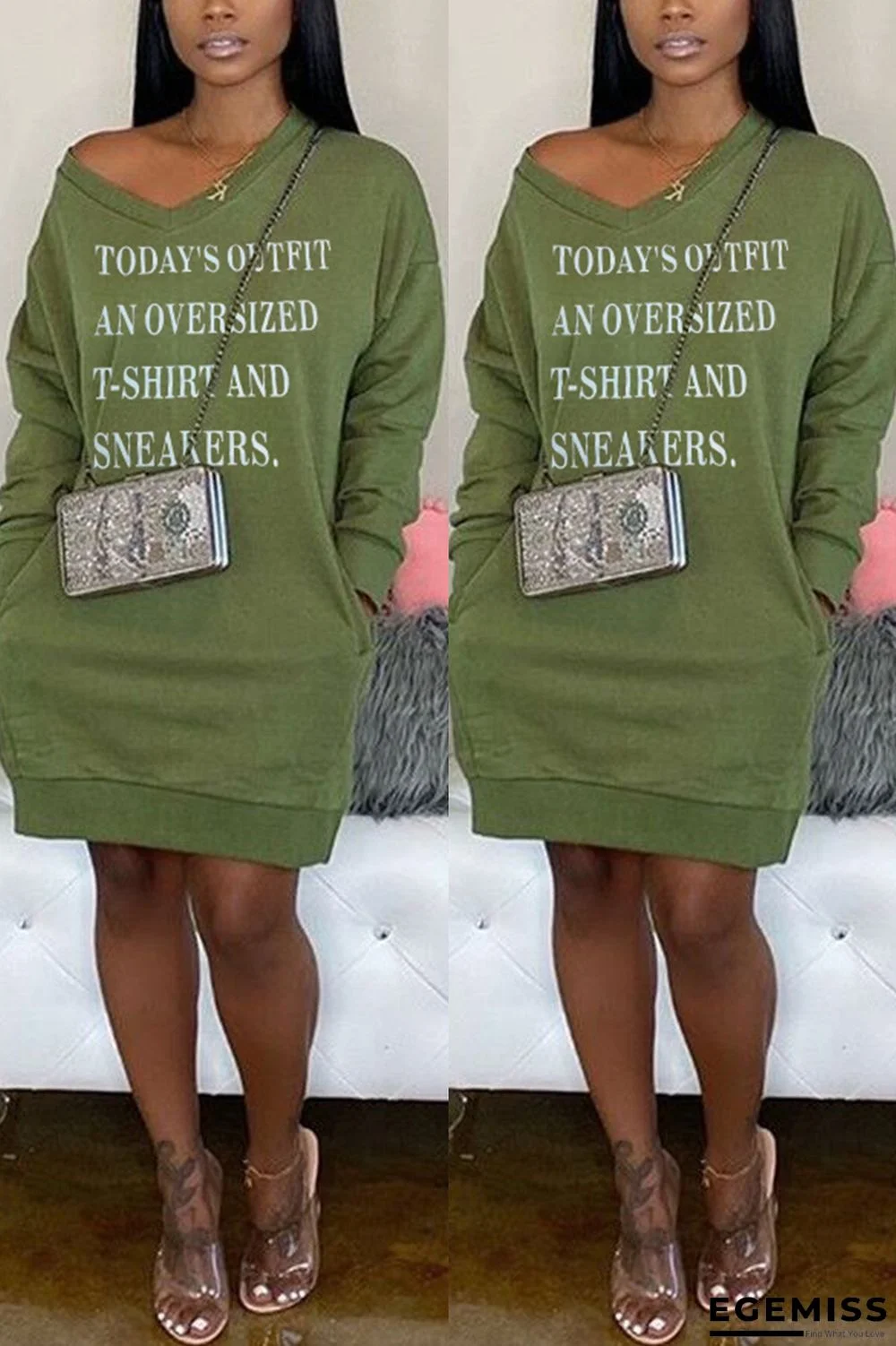 Army Green adult Casual Fashion Cap Sleeve Long Sleeves V Neck Lantern skirt Knee-Length Patchwork Embro | EGEMISS