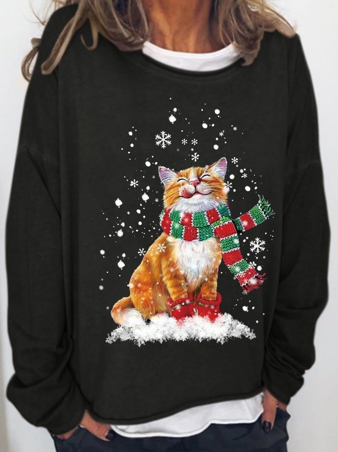 Womens Christmas Cat Crew Neck Letters Sweatshirts