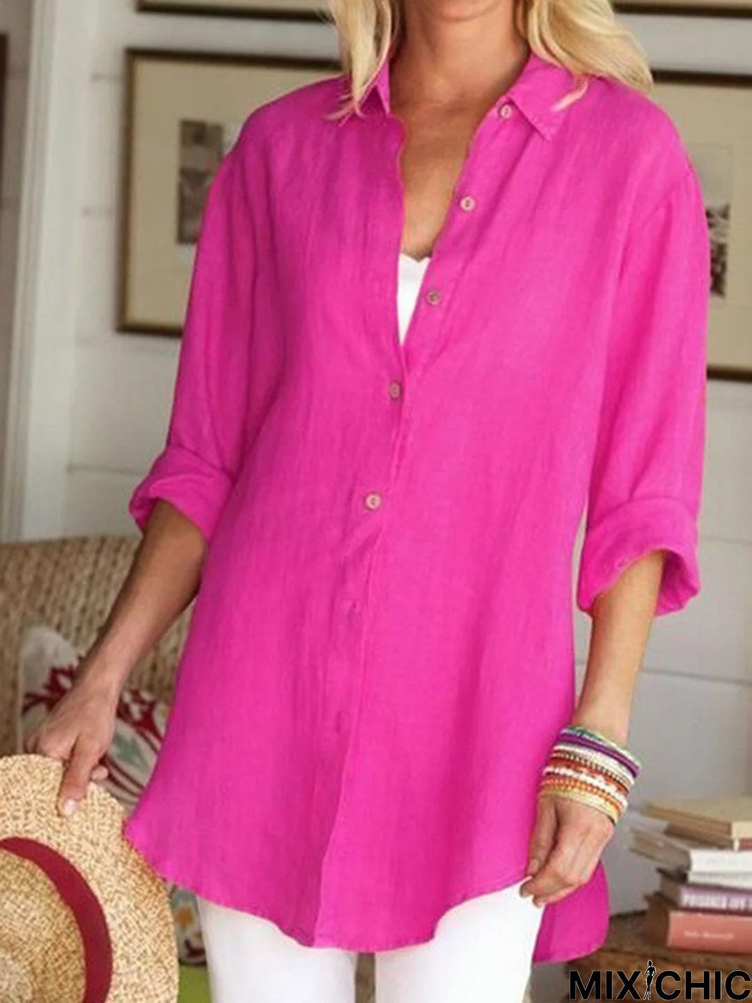 Plain Casual Buckle Tunic Blouse