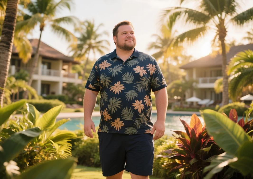 A man travelling in big and tall casual polo short set