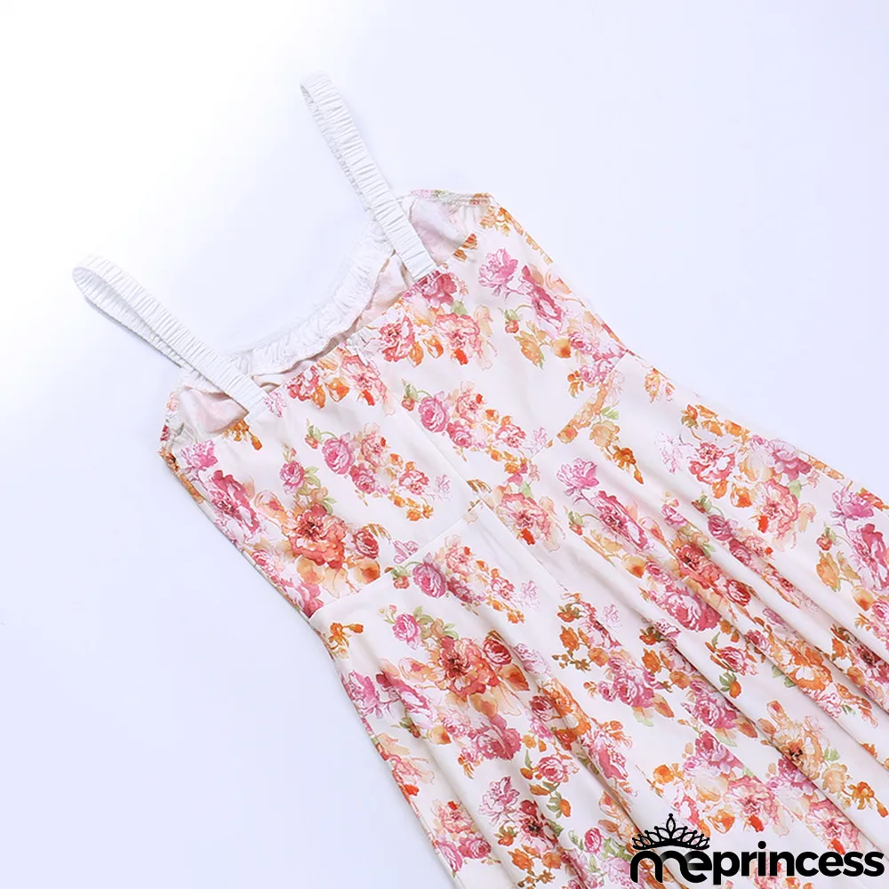 Straps Sexy Slit Floral Dress Women Summer Chic Slim Waist Slim Fit Long Dress