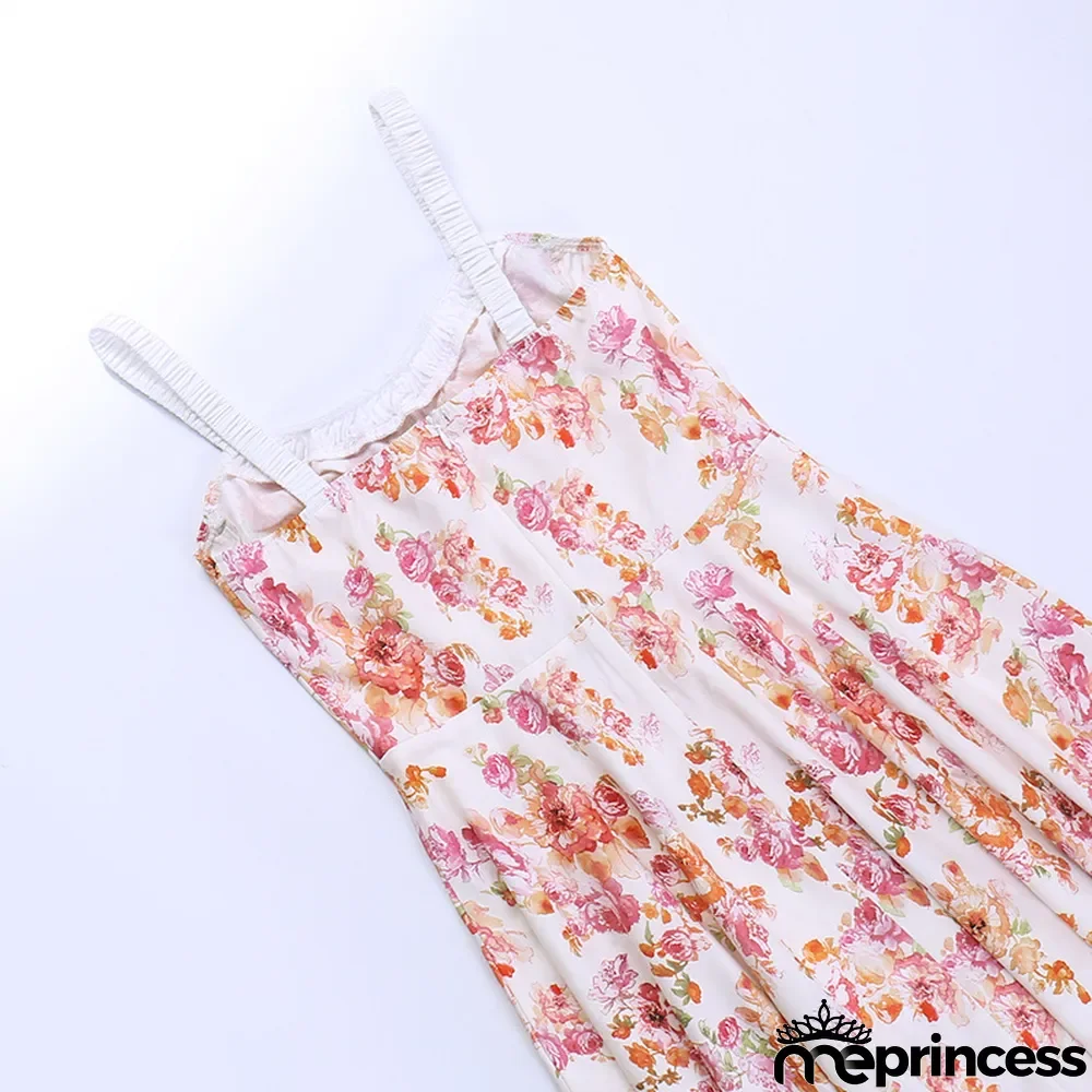 Straps Sexy Slit Floral Dress Women Summer Chic Slim Waist Slim Fit Long Dress