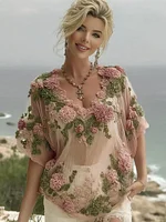 Women's Vintage Floral Embroidery Linen Blend T-shirt