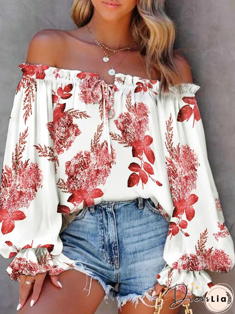 Women'S Blouses One-Shoulder Flared Sleeve Lace Up Blouses