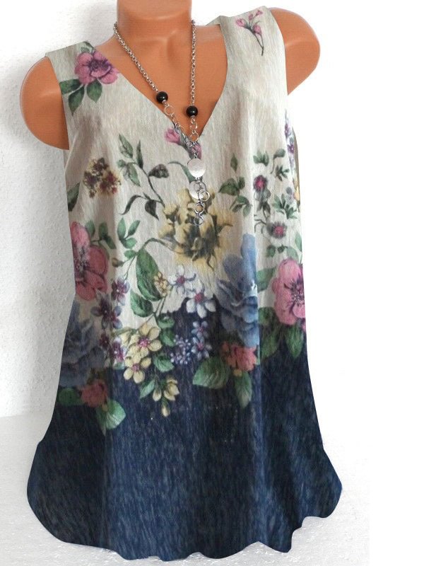 Women Sleeveless V-neck Floral Printed Colorblock Top Vest Blouse
