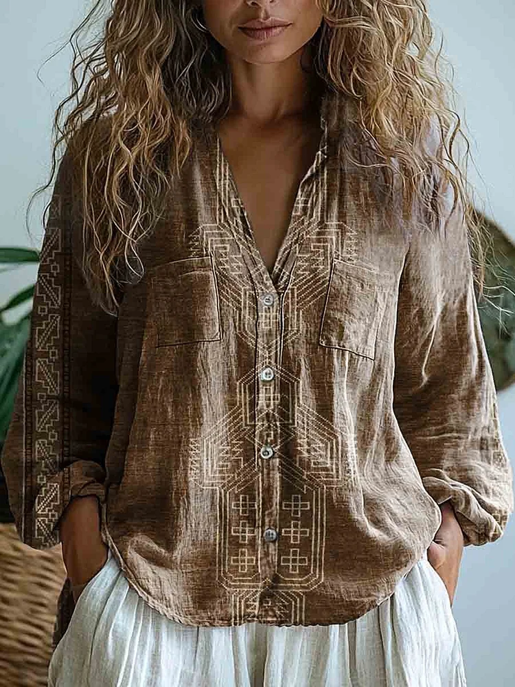 Women's Vintage Art Print Casual Long Sleeve Comfortable Cotton Shirt