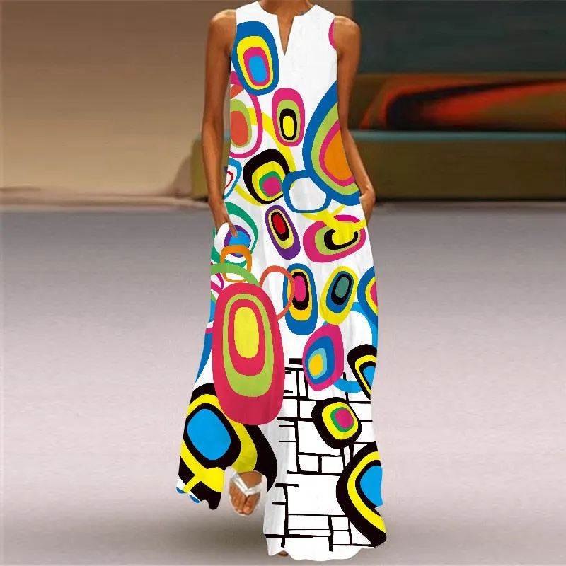 Bohemian Printed Sleeveless Maxi Dress Women Casual V-neck Robe Dresses Female Plus Size Beach Holiday Dress
