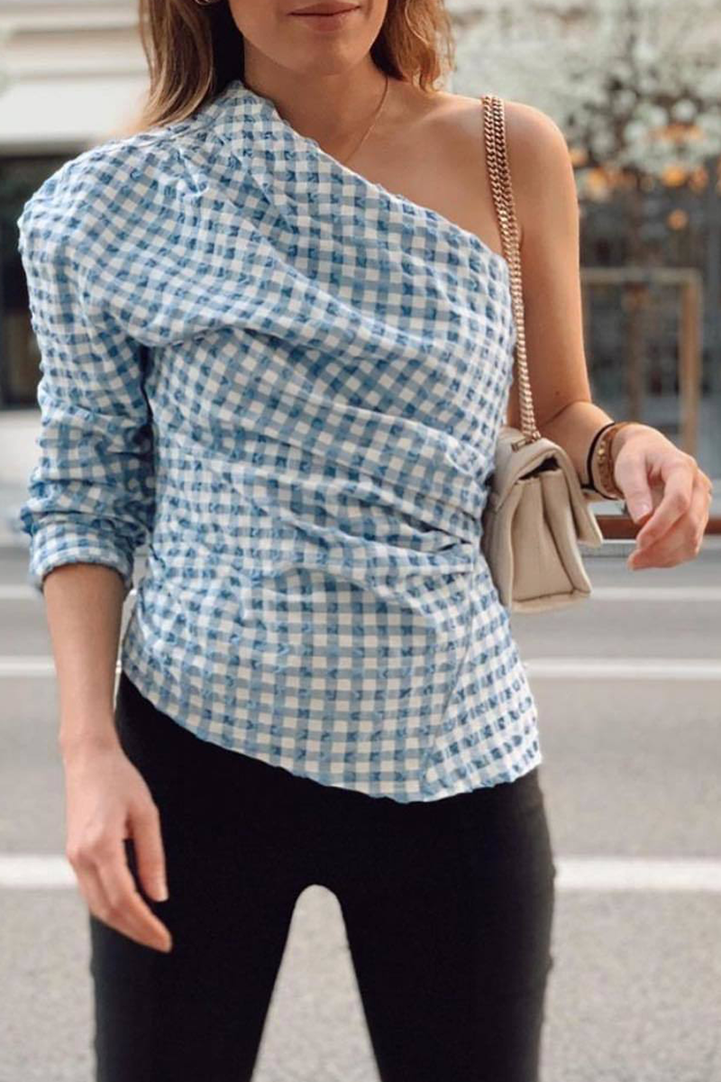 Casual Plaid Split Joint One Shoulder Tops