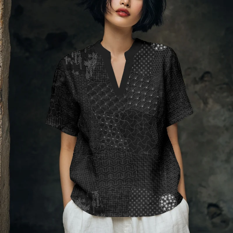 Japanese Traditional Sashiko Art Comfy Linen Tunic